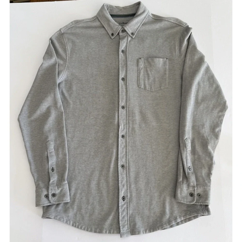 L.L.Bean Mens‎ Knit Long Sleeve Slightly Fitted Button Up Shirt - Sz L - Gray